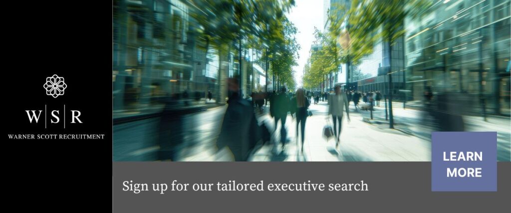 People walking fast in green city and text that says Sign for our tailored executive search